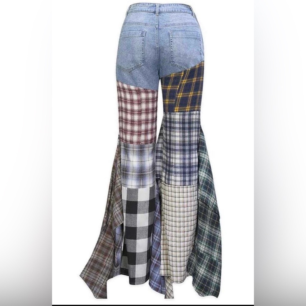 NWT! REHAB LAB Plaid Patchwork Mixed Media Flannel Flare Leg Denim Jeans Pants - Picture 11 of 15